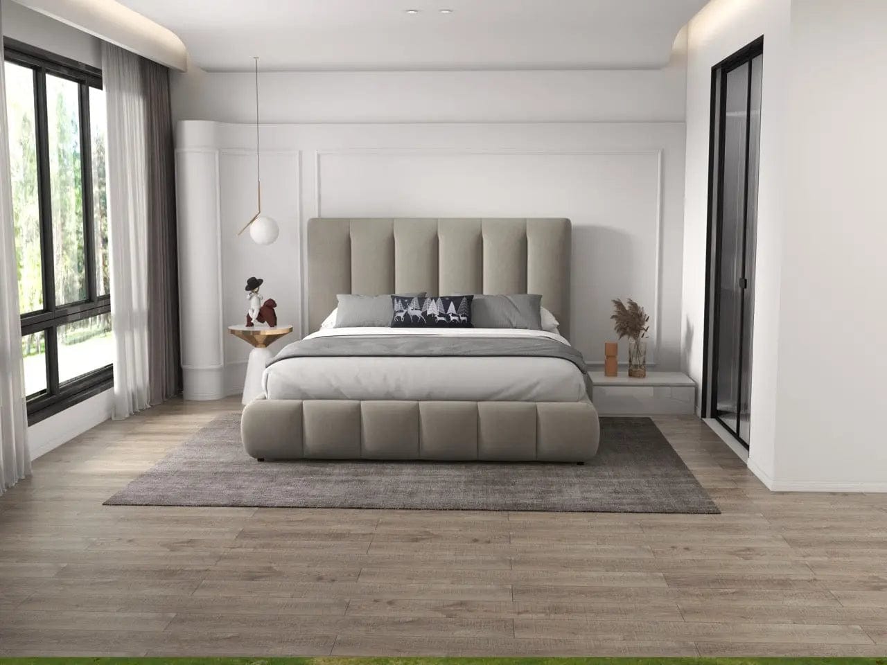 Pat dormitor dumonde, tapitat bej, Divaneo 140x200 cm, somiera rabatabila inclusa, spatiu depozitare