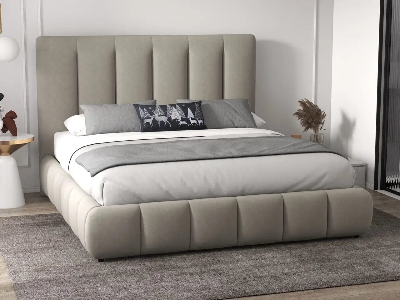 Pat dormitor dumonde, tapitat bej, Divaneo 140x200 cm, somiera rabatabila inclusa, spatiu depozitare