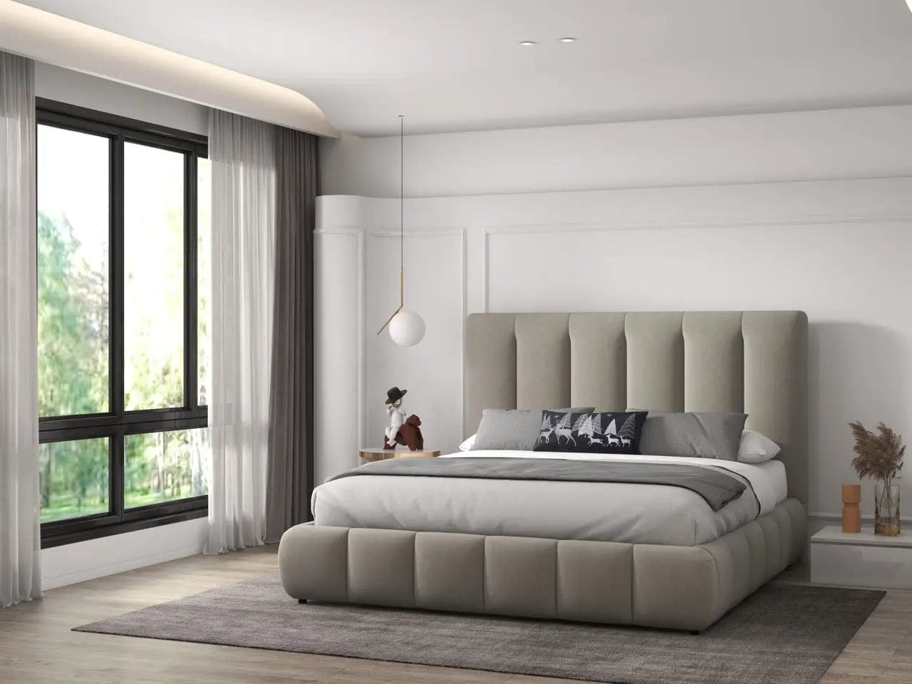 Pat dormitor dumonde, tapitat bej, Divaneo 140x200 cm, somiera rabatabila inclusa, spatiu depozitare