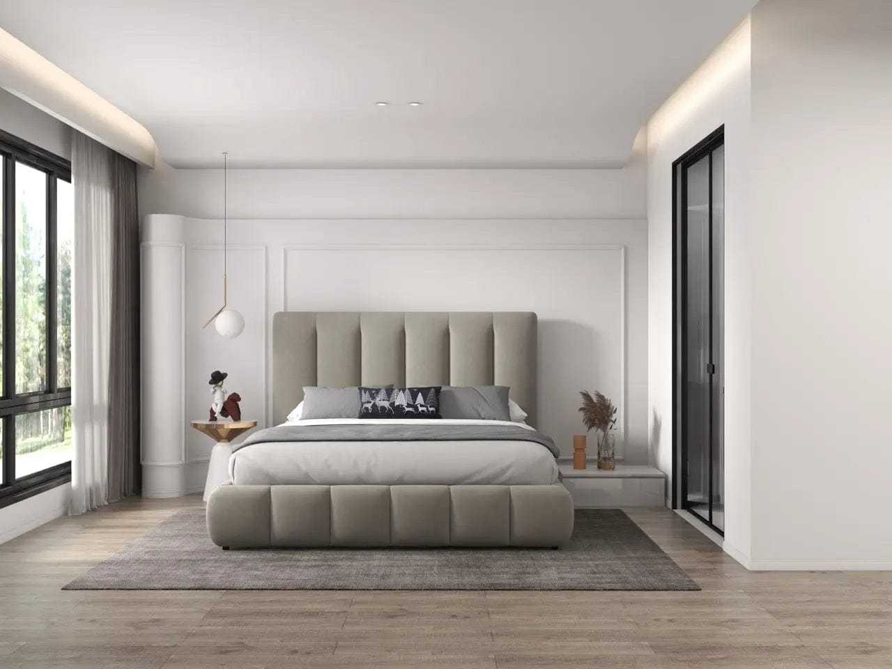 Pat dormitor dumonde, tapitat bej, Divaneo 140x200 cm, somiera rabatabila inclusa, spatiu depozitare