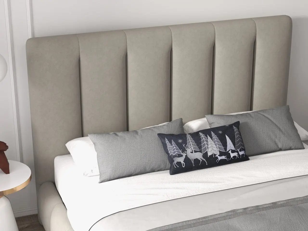 Pat dormitor dumonde, tapitat bej, Divaneo 140x200 cm, somiera rabatabila inclusa, spatiu depozitare