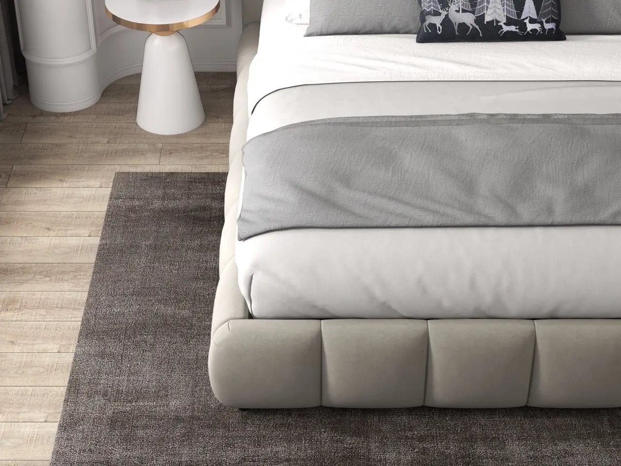 Pat dormitor dumonde, tapitat bej, Divaneo 140x200 cm, somiera rabatabila inclusa, spatiu depozitare