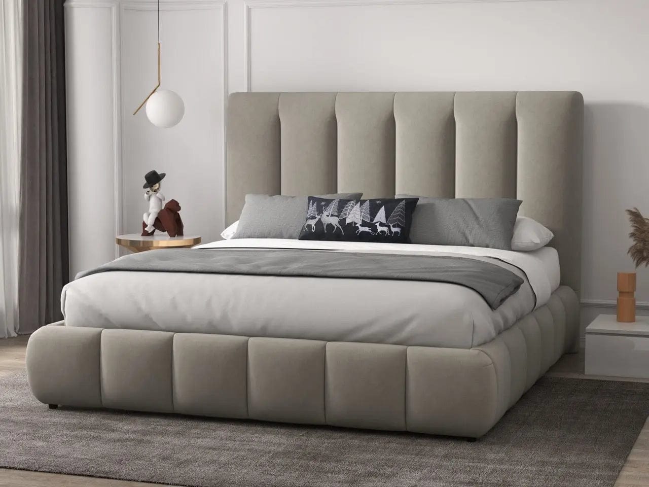 Pat dormitor dumonde, tapitat bej, Divaneo 140x200 cm, somiera rabatabila inclusa, spatiu depozitare