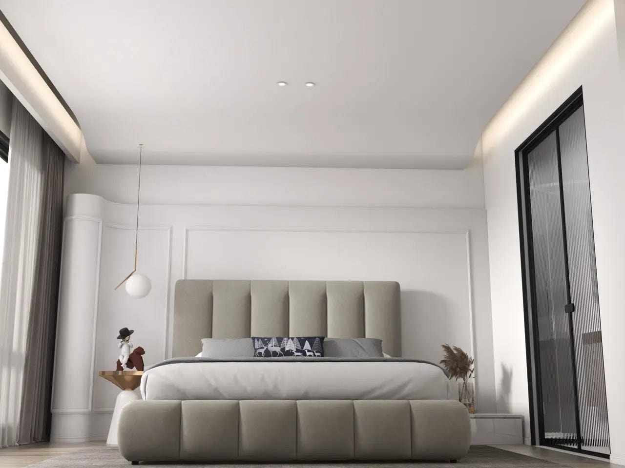 Pat dormitor dumonde, tapitat bej, Divaneo 140x200 cm, somiera rabatabila inclusa, spatiu depozitare