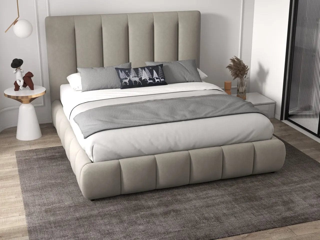 Pat dormitor dumonde, tapitat bej, Divaneo 140x200 cm, somiera rabatabila inclusa, spatiu depozitare