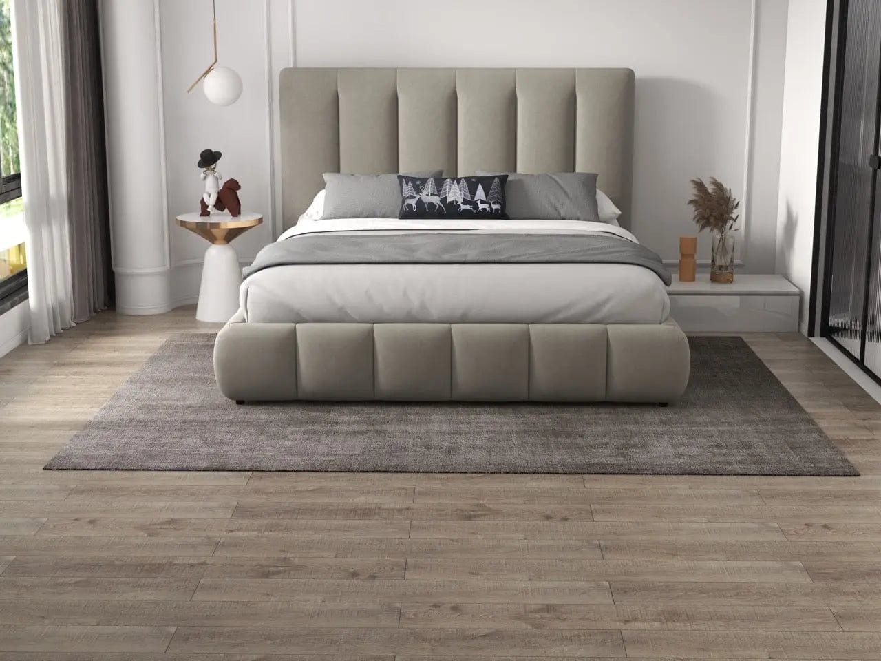 Pat dormitor dumonde, tapitat bej, Divaneo 140x200 cm, somiera rabatabila inclusa, spatiu depozitare