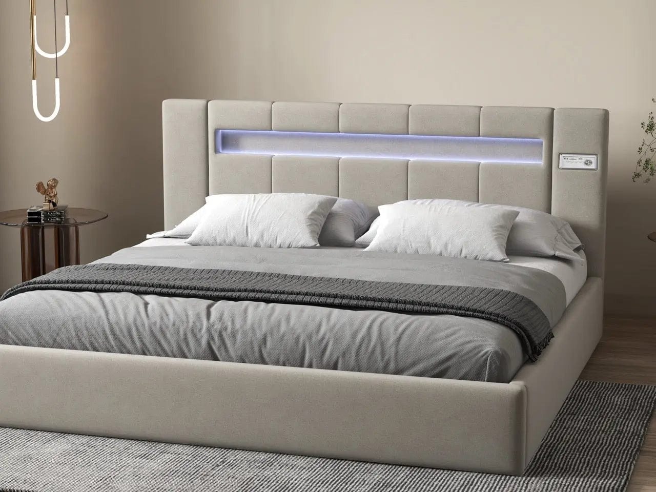 Pat dormitor dumonde, tapitat bej cu LED si USB, Glow 180x200 cm, somiera rabatabila inclusa, spatiu depozitare WLS