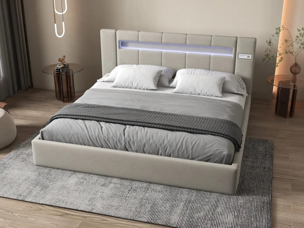 Pat dormitor dumonde, tapitat bej cu LED si USB, Glow 180x200 cm, somiera rabatabila inclusa, spatiu depozitare WLS