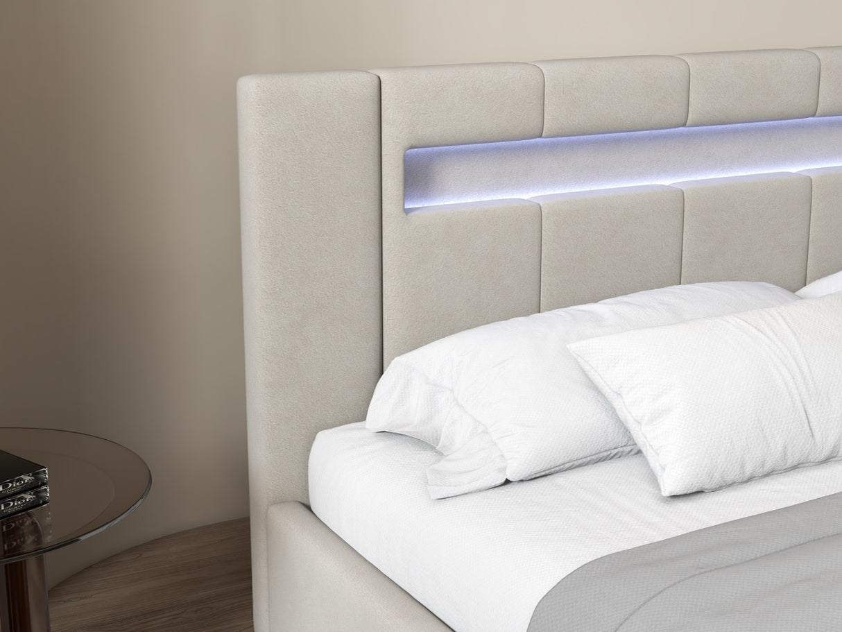 Pat dormitor dumonde, tapitat bej cu LED si USB, Glow 180x200 cm, somiera rabatabila inclusa, spatiu depozitare