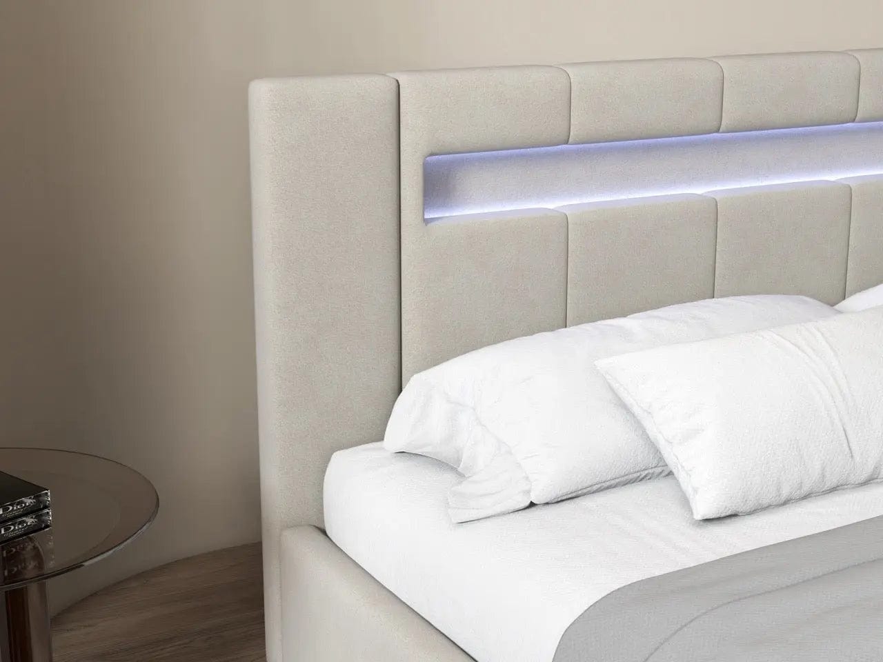 Pat dormitor dumonde, tapitat bej cu LED si USB, Glow 180x200 cm, somiera rabatabila inclusa, spatiu depozitare WLS