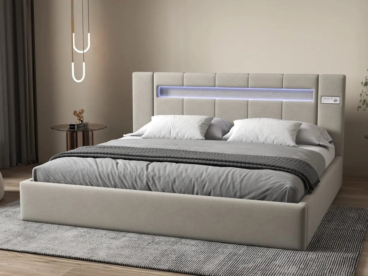Pat dormitor dumonde, tapitat bej cu LED si USB, Glow 180x200 cm, somiera rabatabila inclusa, spatiu depozitare WLS