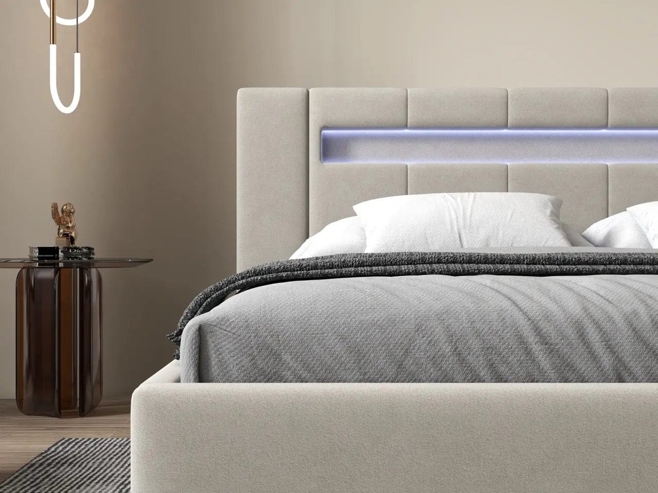 Pat dormitor dumonde, tapitat bej cu LED si USB, Glow 180x200 cm, somiera rabatabila inclusa, spatiu depozitare WLS