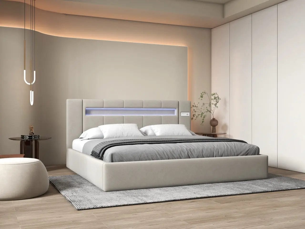 Pat dormitor dumonde, tapitat bej cu LED si USB, Glow 180x200 cm, somiera rabatabila inclusa, spatiu depozitare WLS