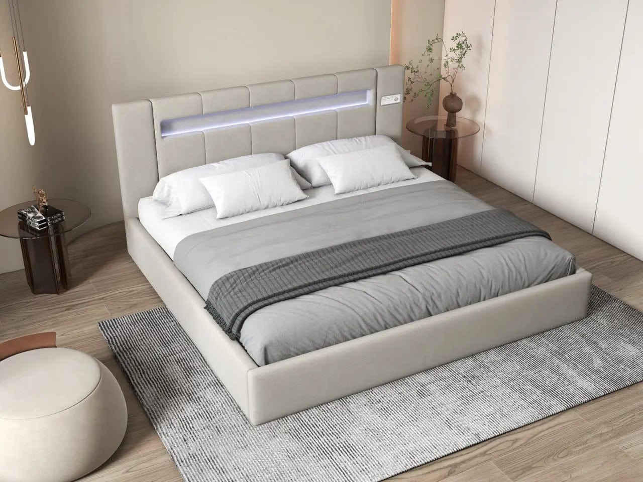 Pat dormitor dumonde, tapitat bej cu LED si USB, Glow 180x200 cm, somiera rabatabila inclusa, spatiu depozitare WLS