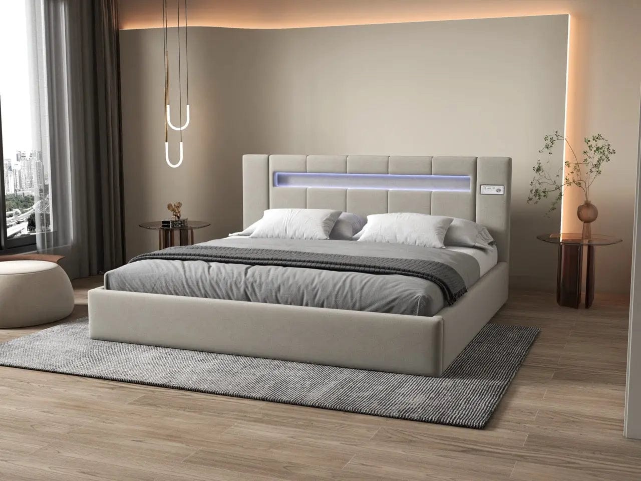 Pat dormitor dumonde, tapitat bej cu LED si USB, Glow 180x200 cm, somiera rabatabila inclusa, spatiu depozitare WLS