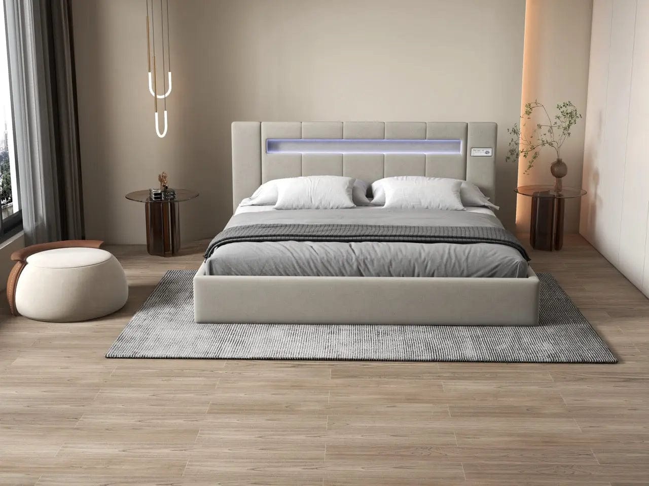 Pat dormitor dumonde, tapitat bej cu LED si USB, Glow 180x200 cm, somiera rabatabila inclusa, spatiu depozitare WLS