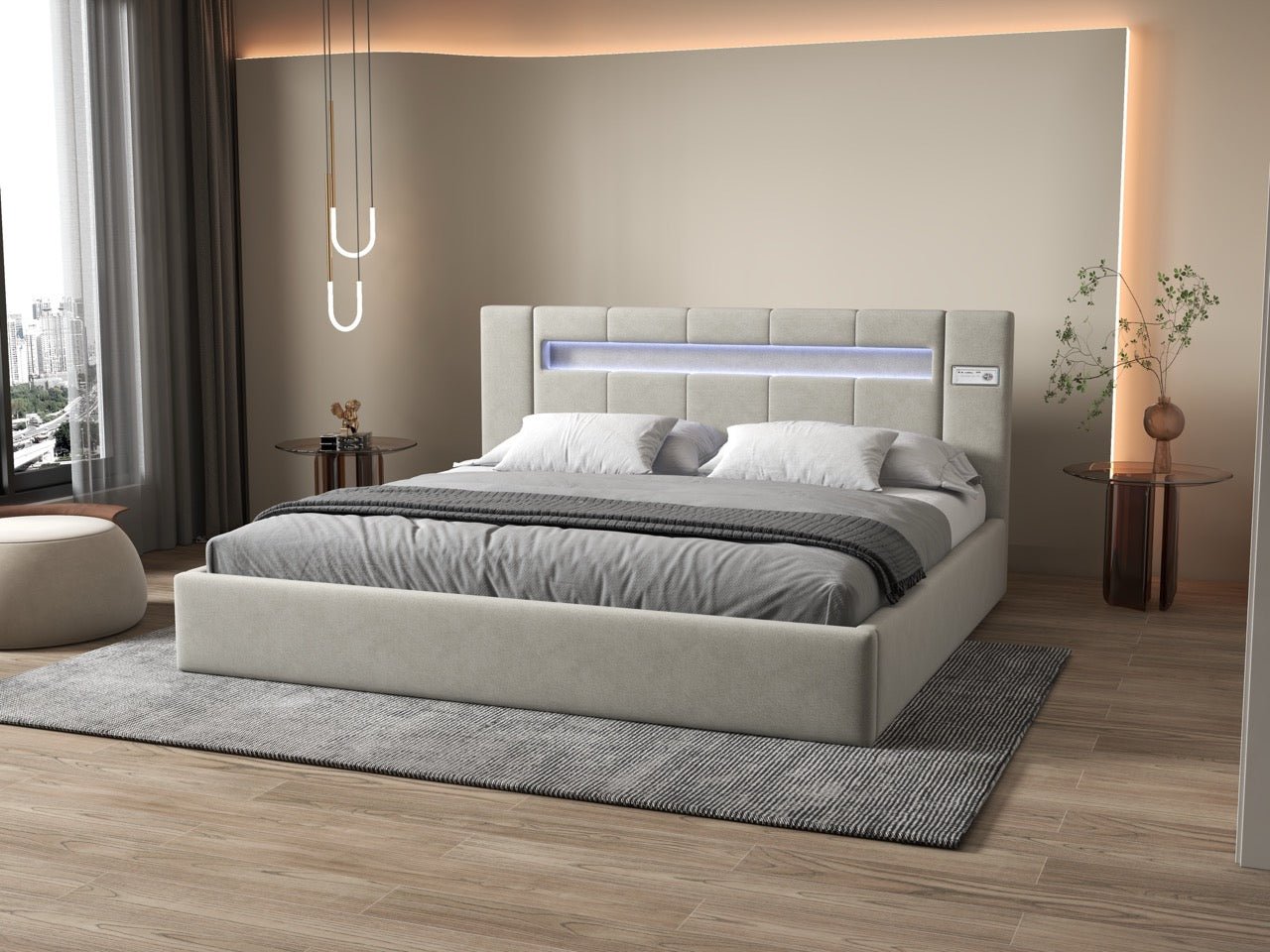 Pat dormitor dumonde, tapitat bej cu LED si SISTEM AUDIO, Glow 160x200 cm, somiera rabatabila inclusa, spatiu depozitare WLS