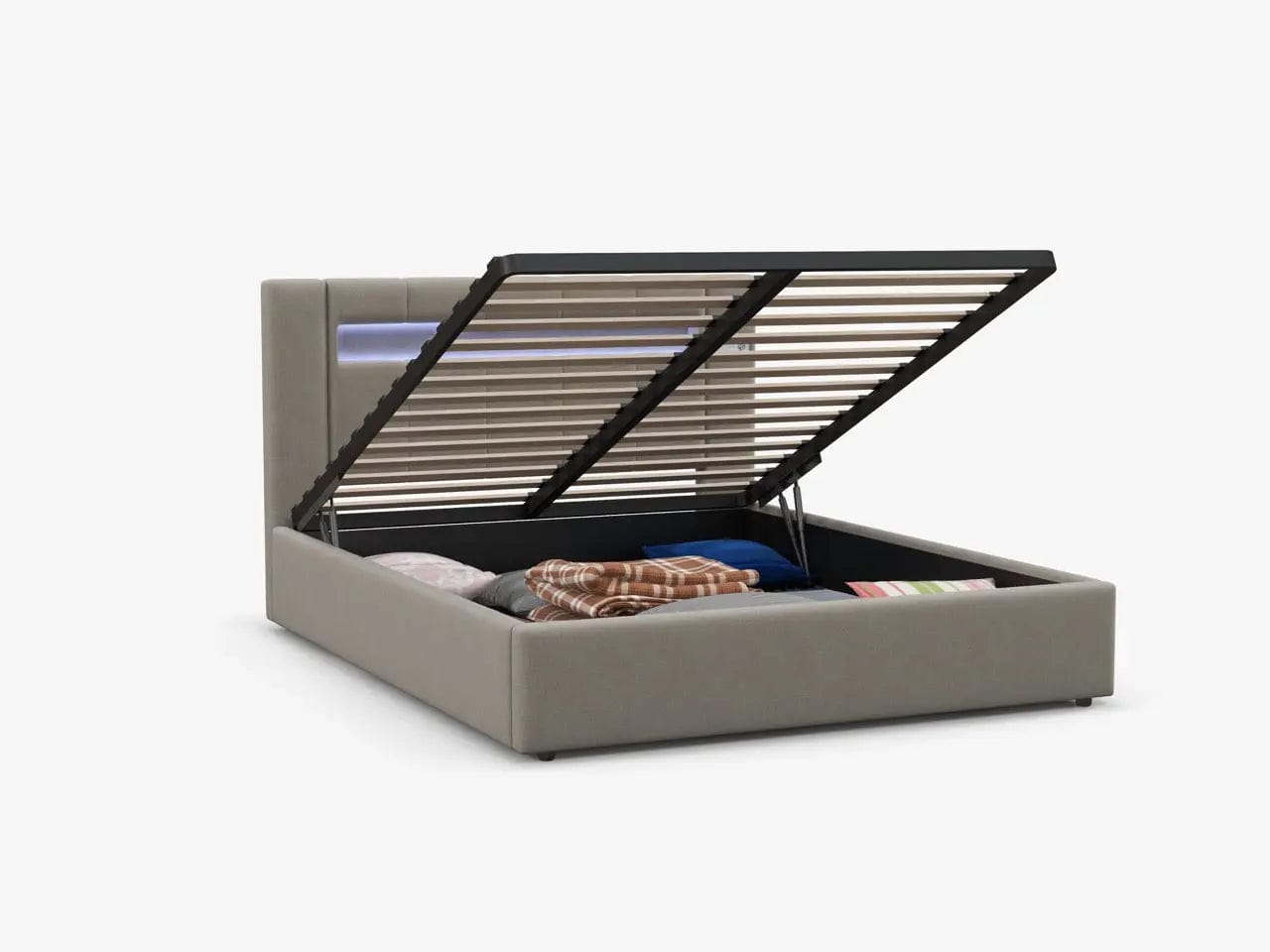 Pat dormitor dumonde, tapitat bej cu LED si USB, Glow 180x200 cm, somiera rabatabila inclusa, spatiu depozitare WLS