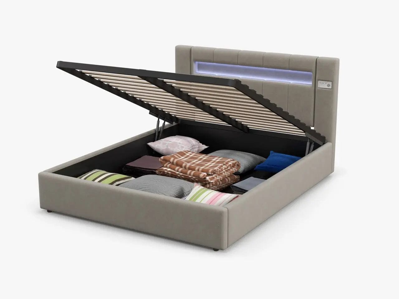 Pat dormitor dumonde, tapitat bej cu LED si USB, Glow 180x200 cm, somiera rabatabila inclusa, spatiu depozitare WLS
