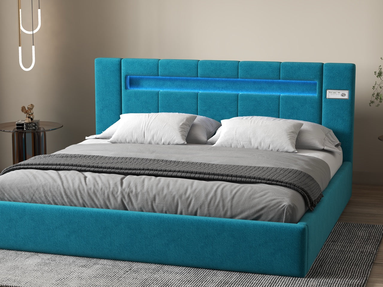 Pat dormitor dumonde, tapitat turcoaz cu LED si SISTEM AUDIO, Glow 160x200 cm, somiera rabatabila inclusa, spatiu depozitare WLS