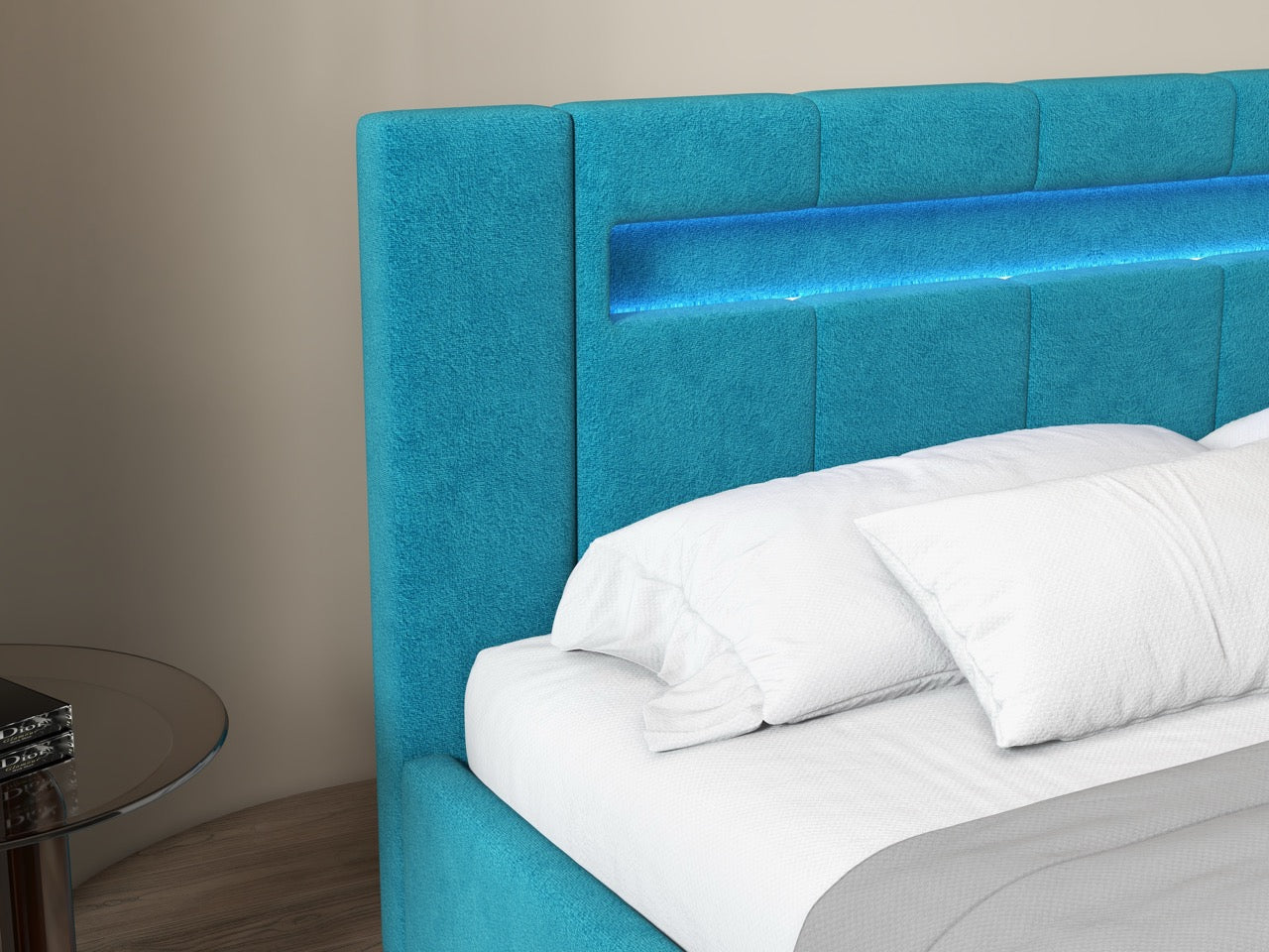 Pat dormitor dumonde, tapitat turcoaz cu LED si SISTEM AUDIO, Glow 160x200 cm, somiera rabatabila inclusa, spatiu depozitare WLS