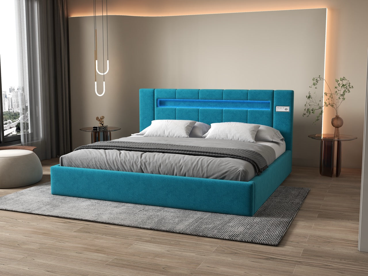 Pat dormitor dumonde, tapitat turcoaz cu LED si SISTEM AUDIO, Glow 160x200 cm, somiera rabatabila inclusa, spatiu depozitare WLS
