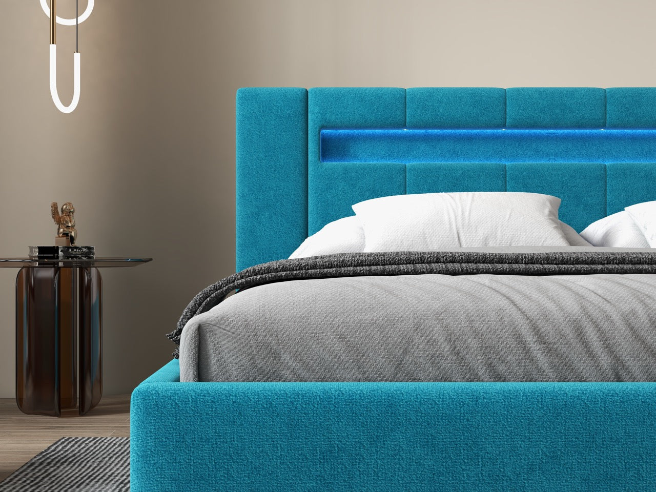 Pat dormitor dumonde, tapitat turcoaz cu LED si SISTEM AUDIO, Glow 160x200 cm, somiera rabatabila inclusa, spatiu depozitare WLS