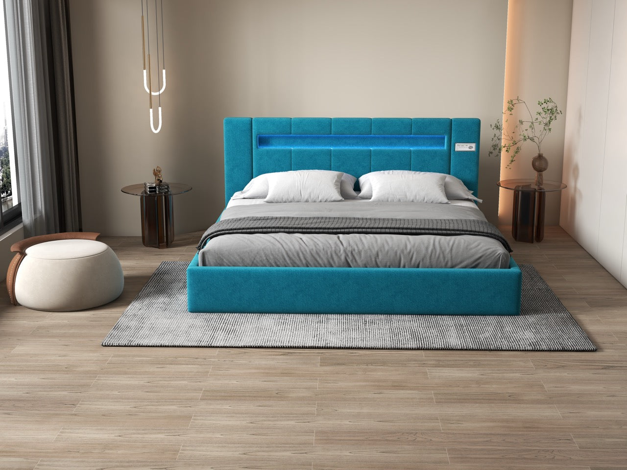 Pat dormitor dumonde, tapitat turcoaz cu LED si SISTEM AUDIO, Glow 160x200 cm, somiera rabatabila inclusa, spatiu depozitare WLS