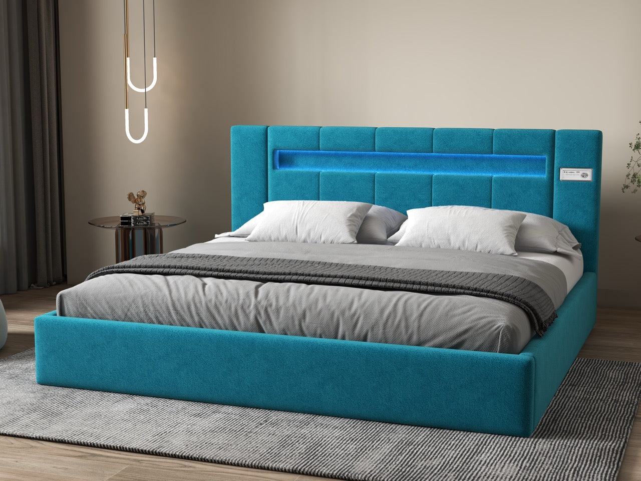 Pat dormitor dumonde, tapitat turcoaz cu LED si SISTEM AUDIO, Glow 160x200 cm, somiera rabatabila inclusa, spatiu depozitare WLS