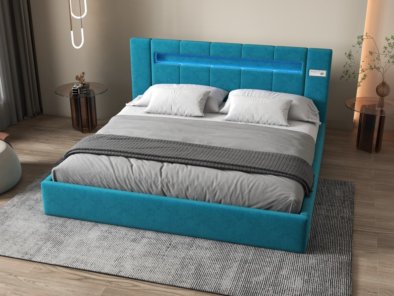 Pat dormitor dumonde, tapitat turcoaz cu LED si SISTEM AUDIO, Glow 160x200 cm, somiera rabatabila inclusa, spatiu depozitare WLS