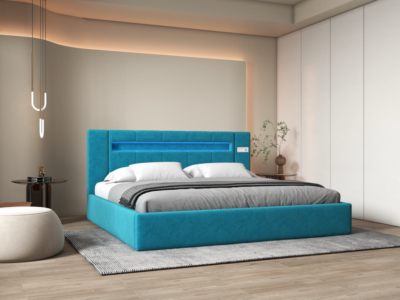 Pat dormitor dumonde, tapitat turcoaz cu LED si SISTEM AUDIO, Glow 160x200 cm, somiera rabatabila inclusa, spatiu depozitare WLS