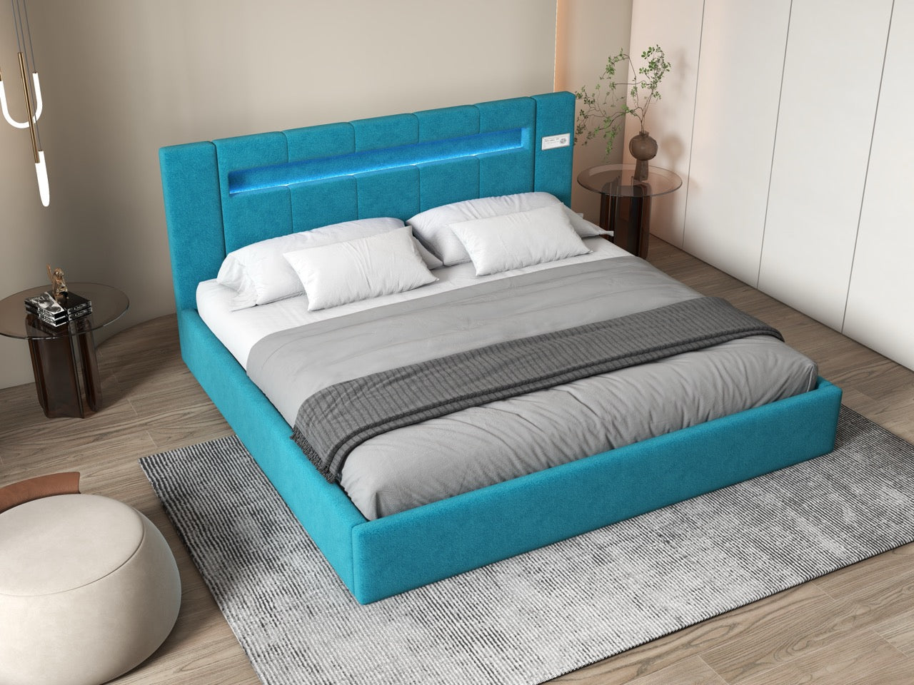 Pat dormitor dumonde, tapitat turcoaz cu LED si SISTEM AUDIO, Glow 160x200 cm, somiera rabatabila inclusa, spatiu depozitare WLS