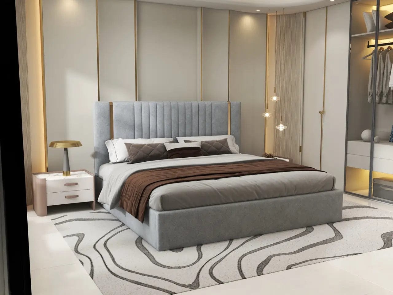 Pat dormitor dumonde, tapitat gri, Lukas 160x200 cm, somiera rabatabila inclusa, spatiu depozitare