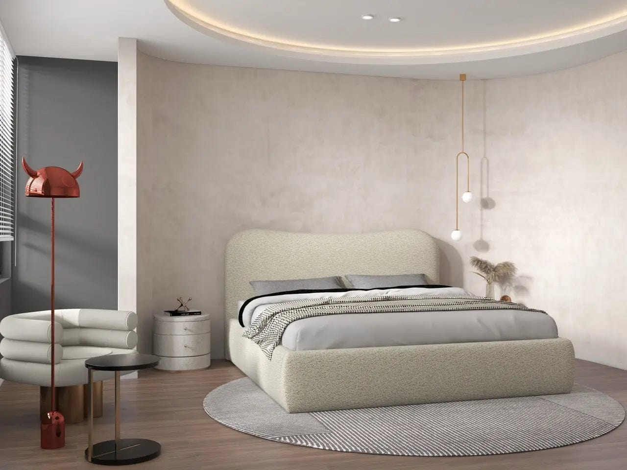 Pat dormitor dumonde, tapitat bej, Matias 180x200 cm, somiera rabatabila inclusa, spatiu depozitare