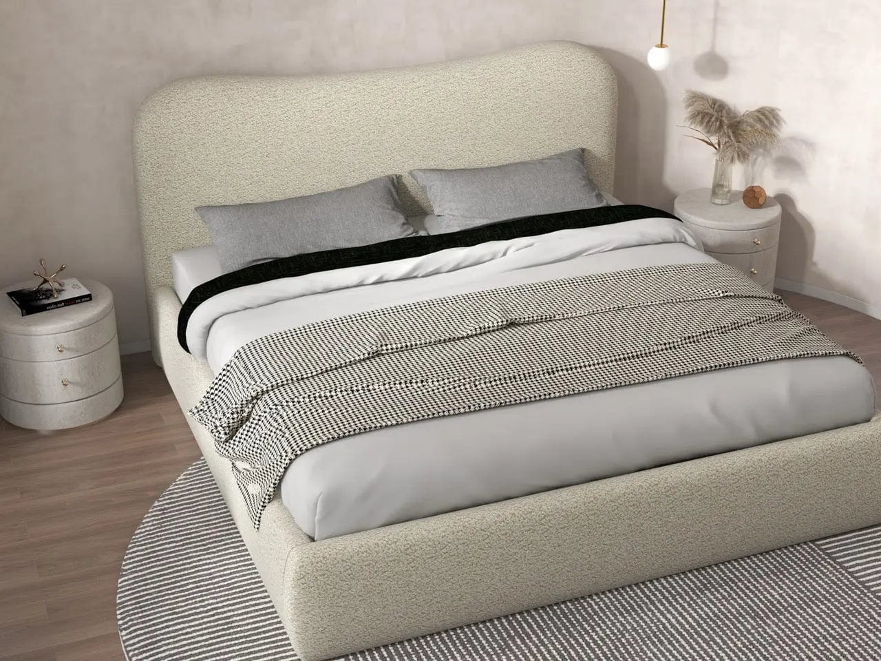 Pat dormitor dumonde, tapitat bej, Matias 180x200 cm, somiera rabatabila inclusa, spatiu depozitare