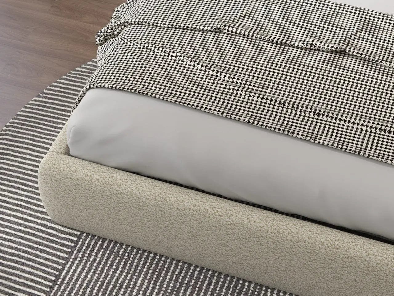 Pat dormitor dumonde, tapitat bej, Matias 180x200 cm, somiera rabatabila inclusa, spatiu depozitare