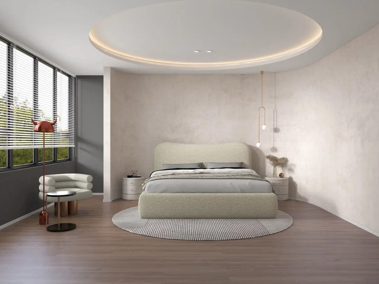 Pat dormitor dumonde, tapitat bej, Matias 180x200 cm, somiera rabatabila inclusa, spatiu depozitare