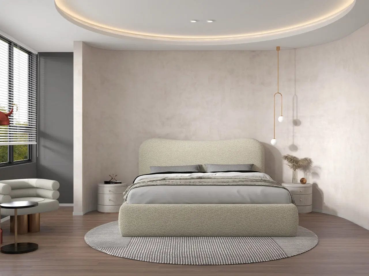 Pat dormitor dumonde, tapitat bej, Matias 180x200 cm, somiera rabatabila inclusa, spatiu depozitare