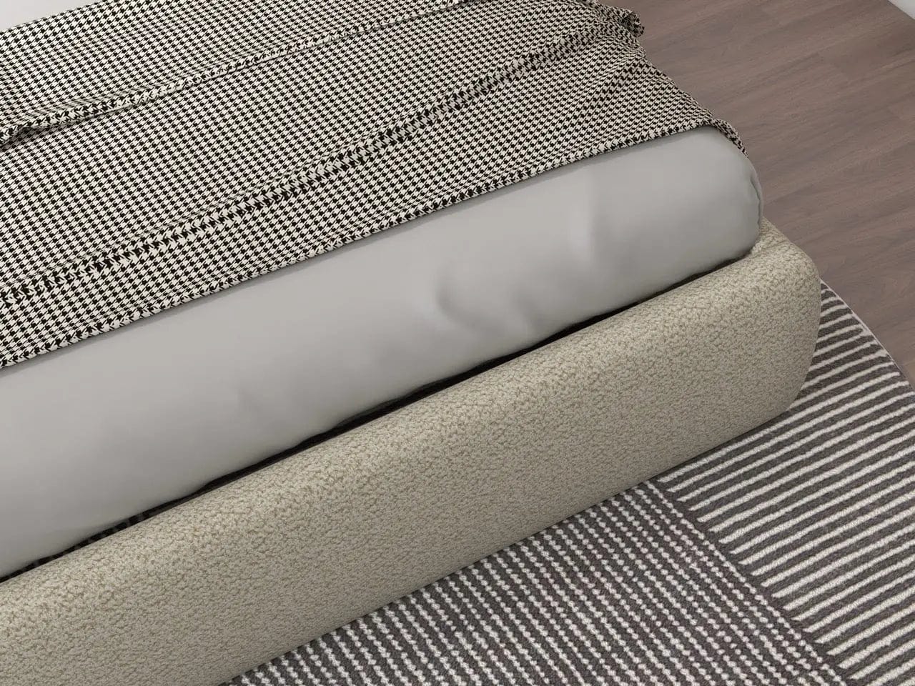 Pat dormitor dumonde, tapitat bej, Matias 180x200 cm, somiera rabatabila inclusa, spatiu depozitare