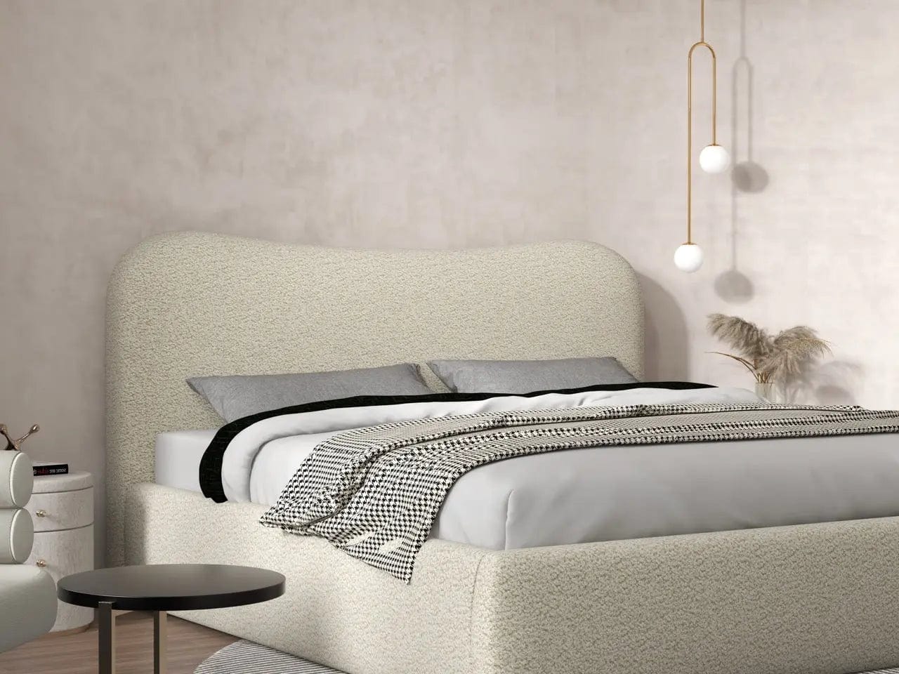 Pat dormitor dumonde, tapitat bej, Matias 180x200 cm, somiera rabatabila inclusa, spatiu depozitare