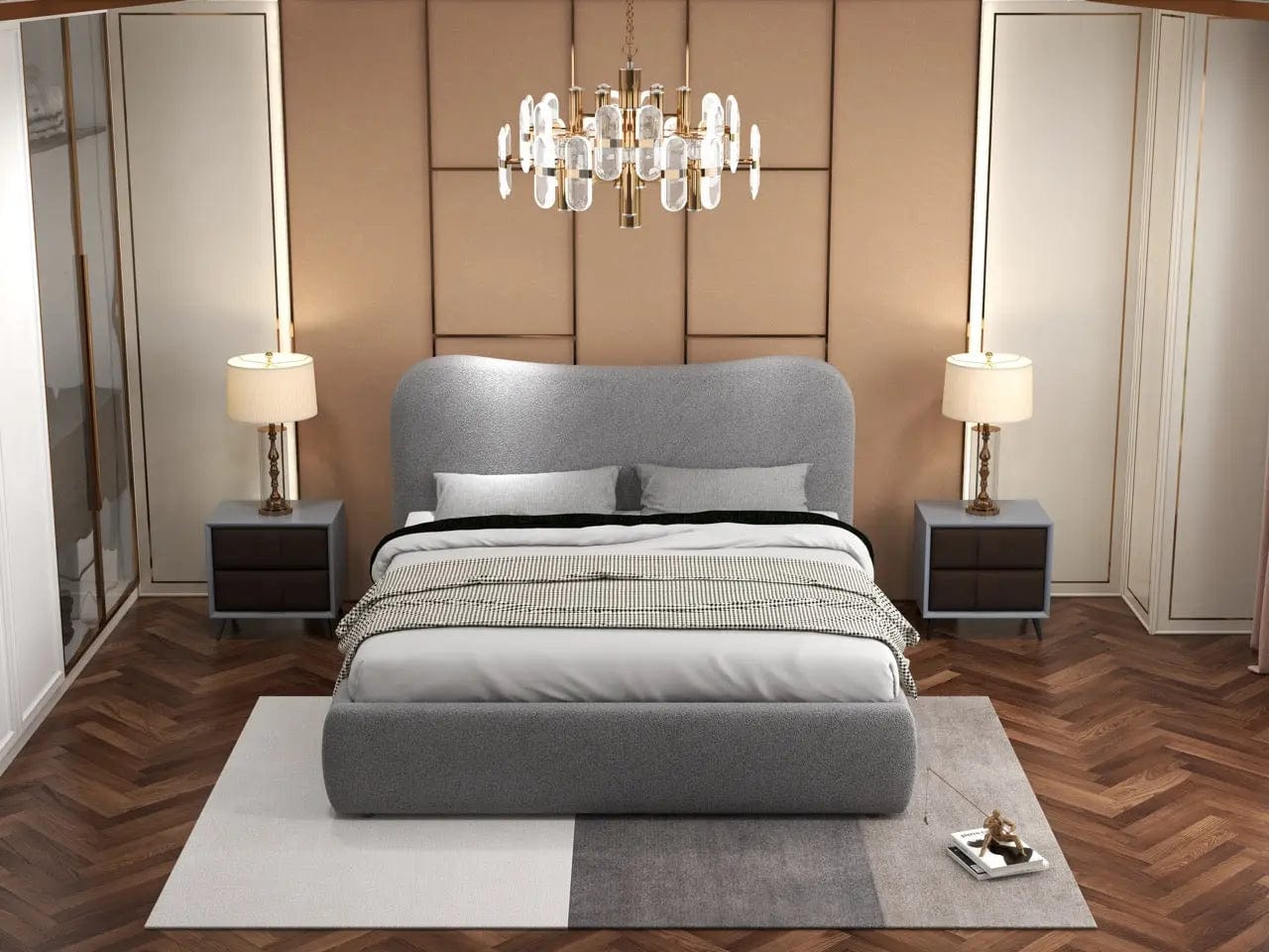 Pat dormitor dumonde, tapitat gri, Matias 180x200 cm, somiera rabatabila inclusa, spatiu depozitare