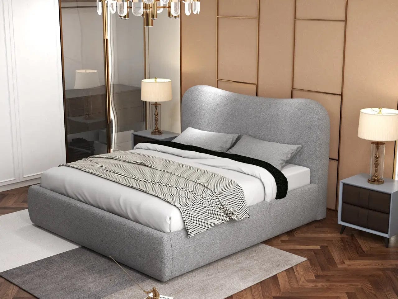 Pat dormitor dumonde, tapitat gri, Matias 180x200 cm, somiera rabatabila inclusa, spatiu depozitare