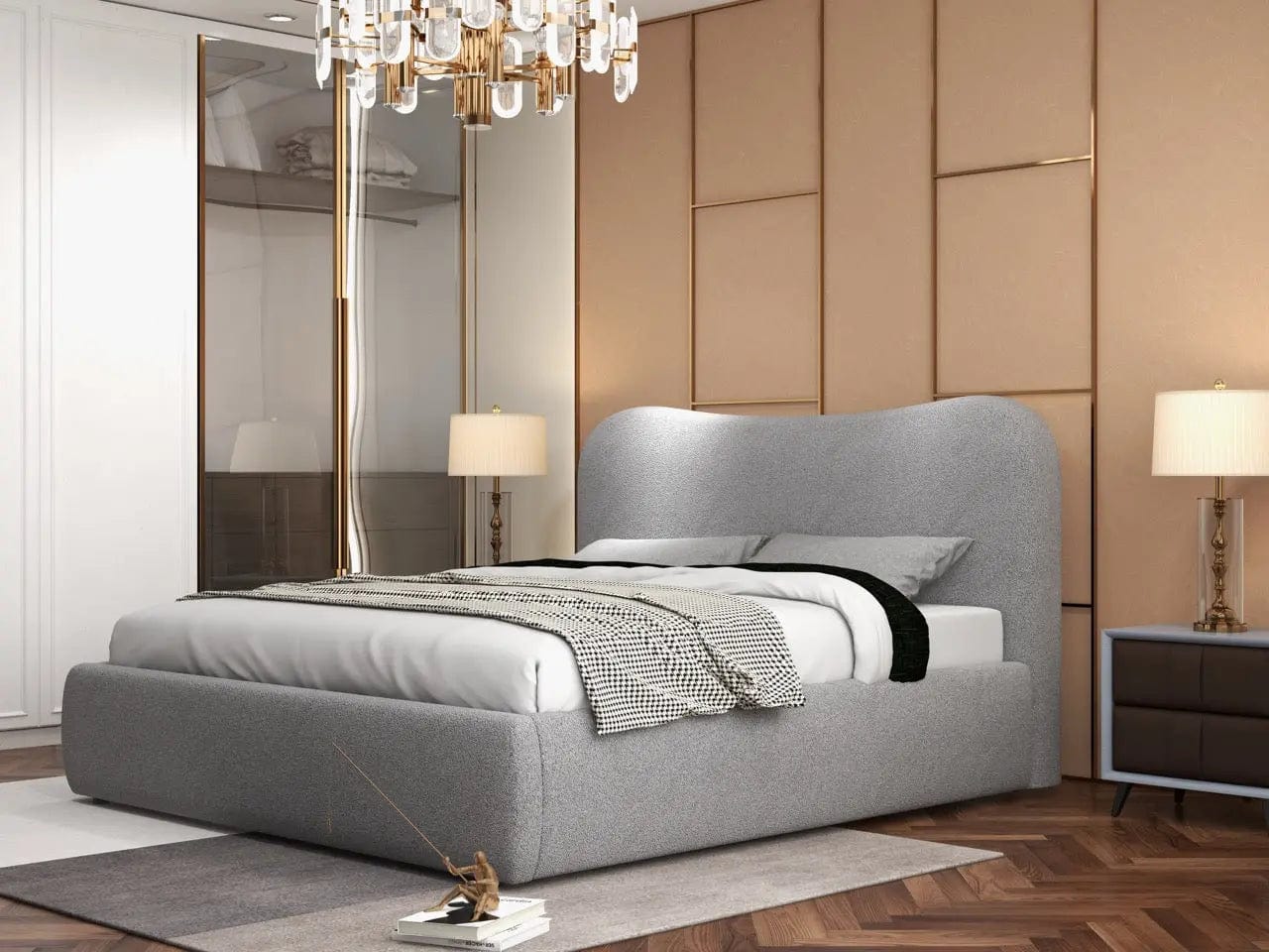 Pat dormitor dumonde, tapitat gri, Matias 180x200 cm, somiera rabatabila inclusa, spatiu depozitare