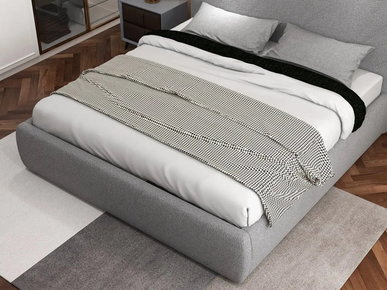 Pat dormitor dumonde, tapitat gri, Matias 180x200 cm, somiera rabatabila inclusa, spatiu depozitare