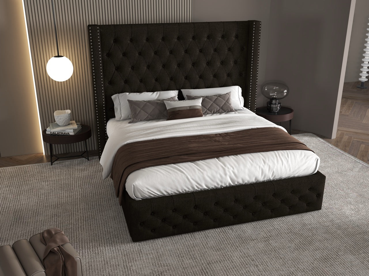 Pat dormitor dumonde, tapitat maro, Luxory 160x200 cm, somiera  inclusa, spatiu depozitare WLS