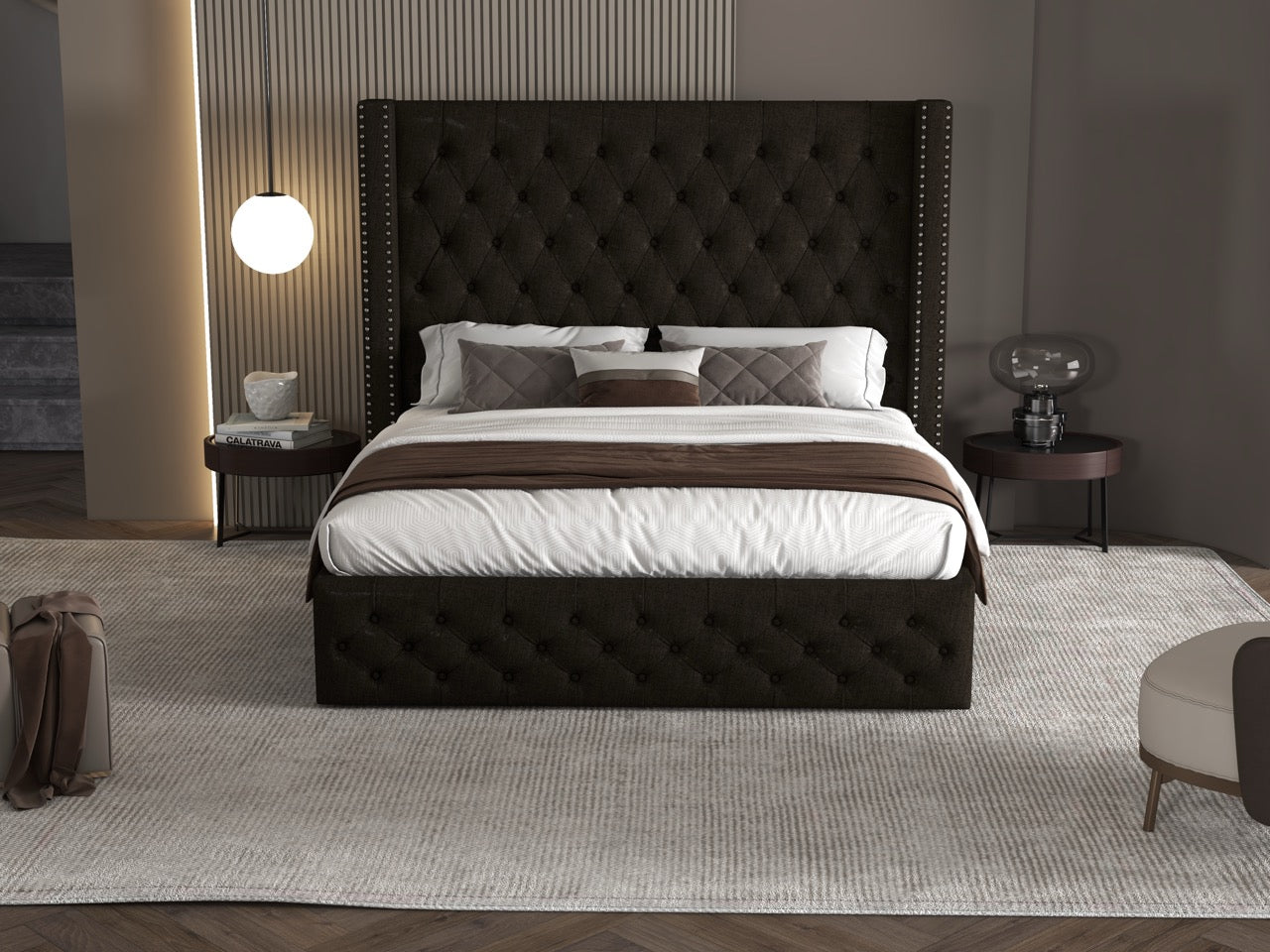 Pat dormitor dumonde, tapitat maro, Luxory 160x200 cm, somiera  inclusa, spatiu depozitare WLS