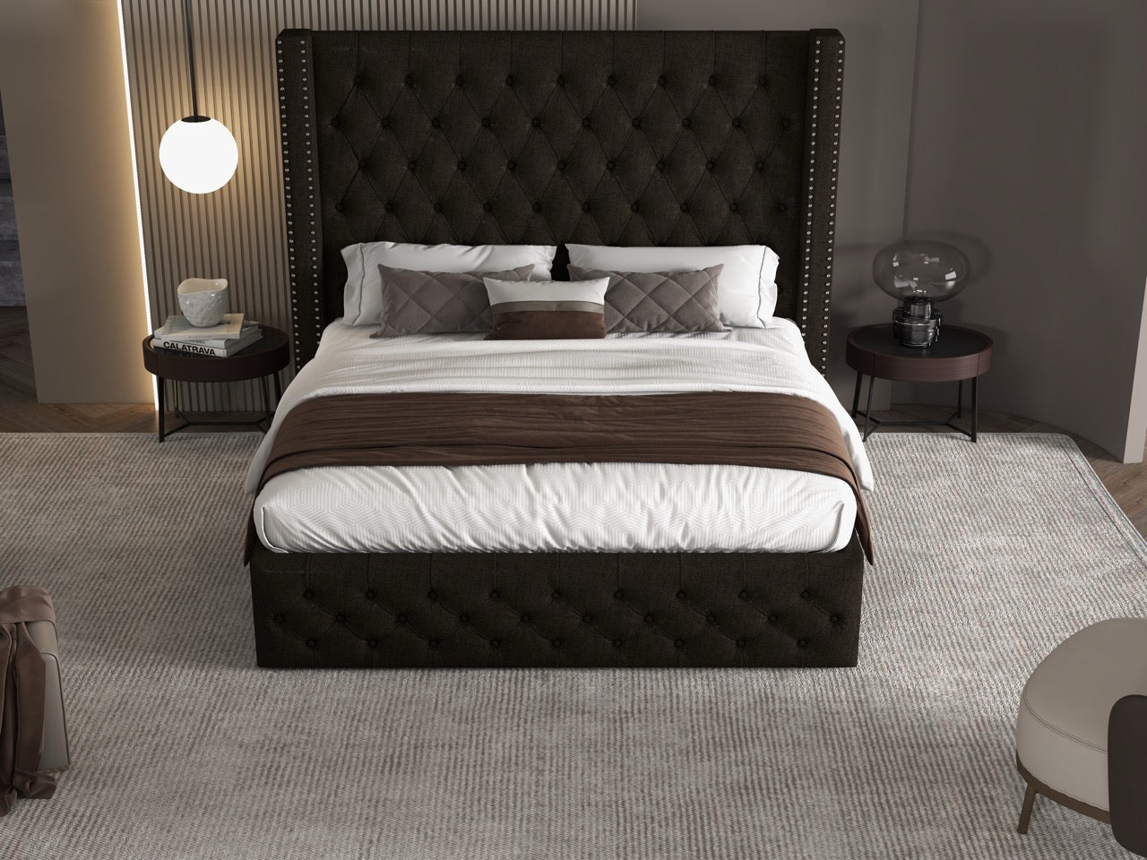 Pat dormitor dumonde, tapitat maro, Luxory 160x200 cm, somiera  inclusa, spatiu depozitare WLS