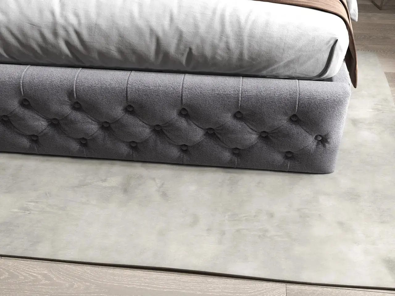 Pat dormitor dumonde, tapitat gri, Luxory 160x200 cm, somiera rabatabila inclusa, spatiu depozitare