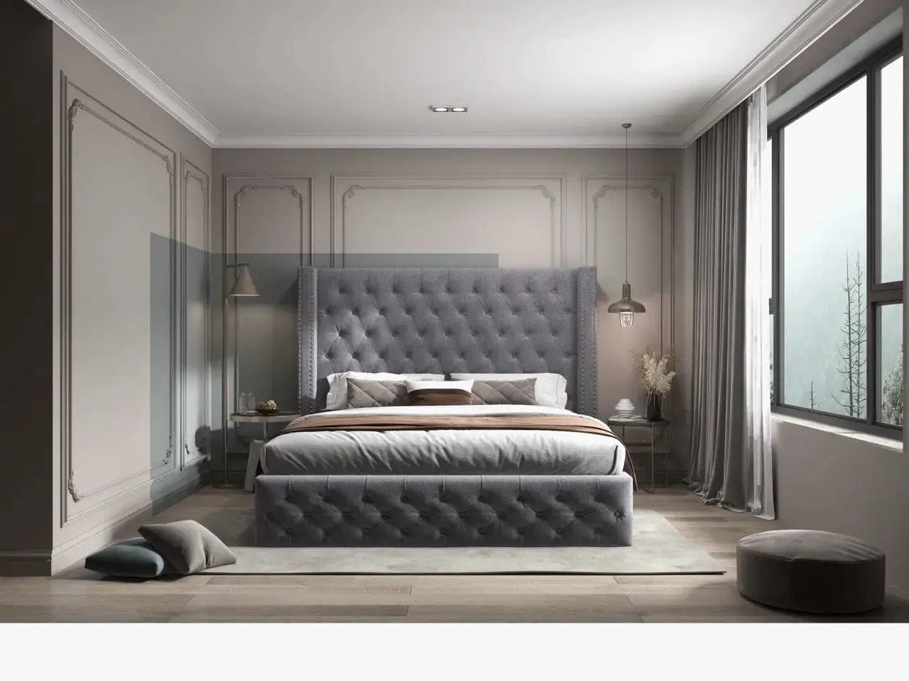 Pat dormitor dumonde, tapitat gri, Luxory 160x200 cm, somiera rabatabila inclusa, spatiu depozitare