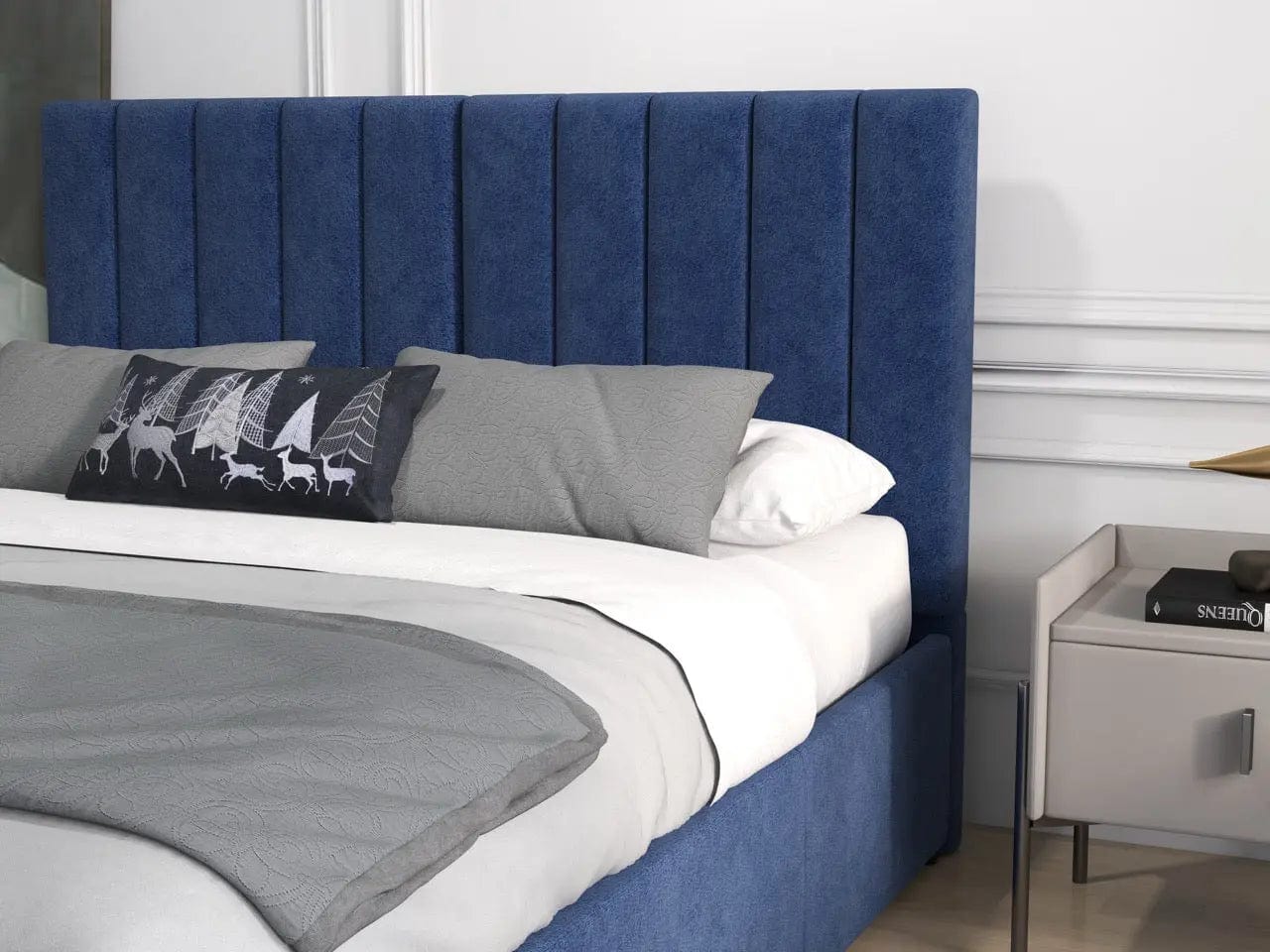 Pat dormitor dumonde, tapitat albastru, Santiago 160x200 cm, somiera rabatabila inclusa, spatiu depozitare